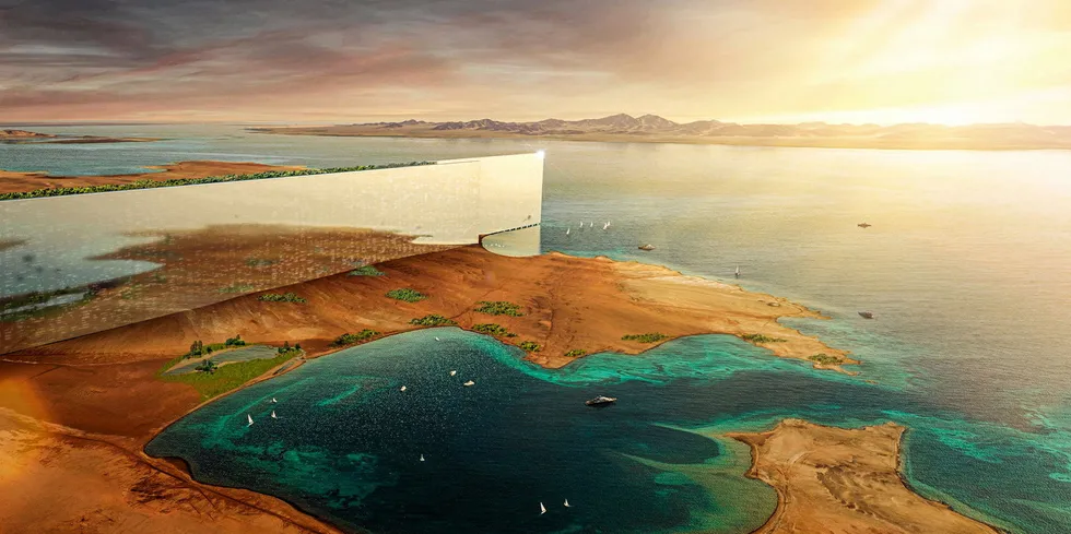 An artist's impression of The Line, the 170km glass-fronted megastructure now under construction at Neom city, Saudi Arabia, where the Neom green hydrogen project is situated.