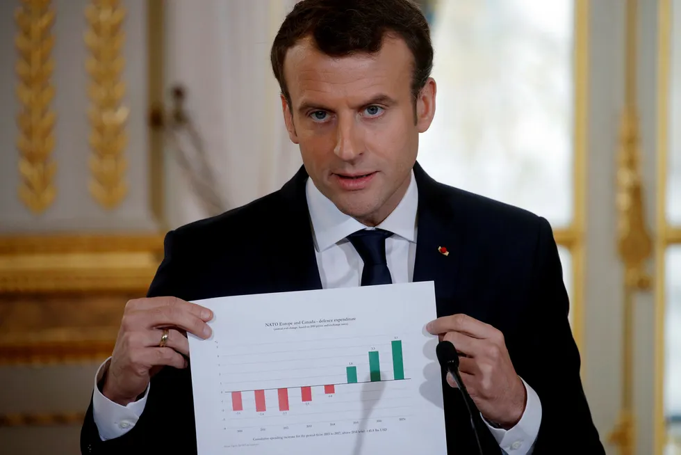 Frankrikes president Emmanuel Macron viser frem en graf over NATO-landenes forsvarsbudsjetter. Foto: Philippe Wojazer/NTB Scanpix