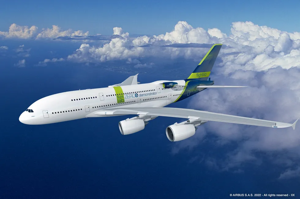 A rendering of a hydrogen-powered Airbus A380 operating under the company's ZEROe programme.