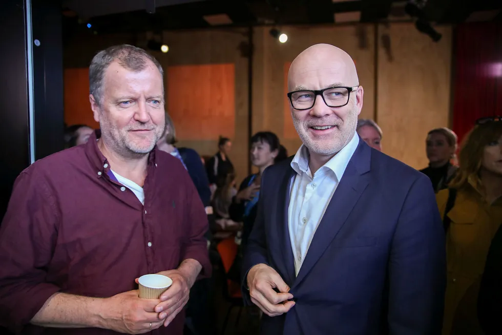 Underholdningsredaktør Charlo Halvorsen og kringkastingssjef Thor Gjermund Eriksen på NRKs høstslipp u juni. Siden har de begge vært gjenstand for hard kritikk etter et innslag i satireprogrammet Satiriks