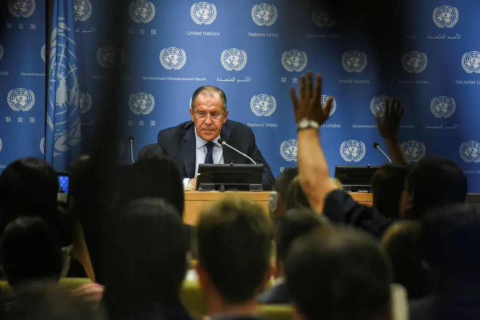 Russlands utenriksminister Sergej Lavrov på pressekonferanse i FN i New York. Foto: STEPHANIE KEITH / REUTERS