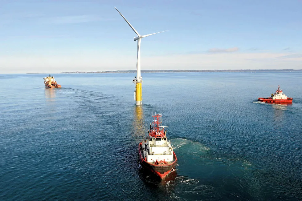 Sole unit: Norway's only offshore wind turbine, the floating Hywind Demo, in tow in 2009