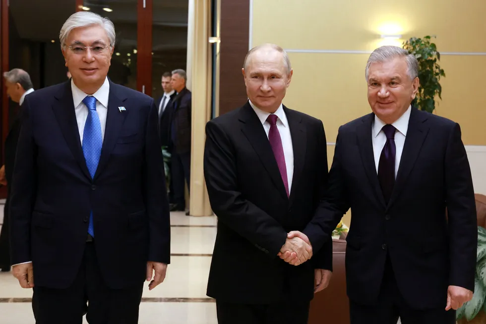 Friendship: (from left) Kazakhstan President Kassym-Jomart Tokayev, Russian President Vladimir Putin and Uzbekistan President Shavkat Mirziyoyev.