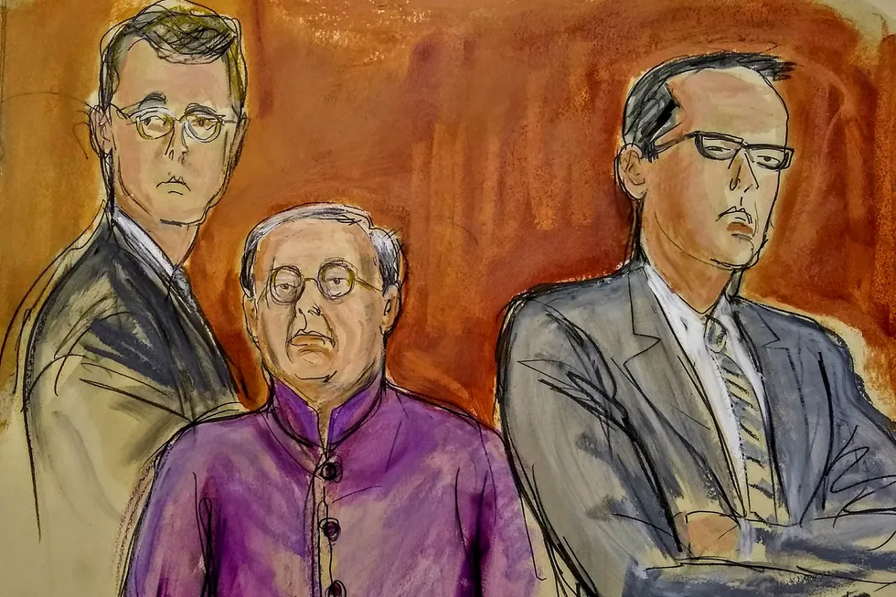 New York case: A courtroom drawing was taken as Chi Ping Patrick Ho, centre, with his lawyers Jonathan Bolz, left, and Edward Kim, right, listen to verdict