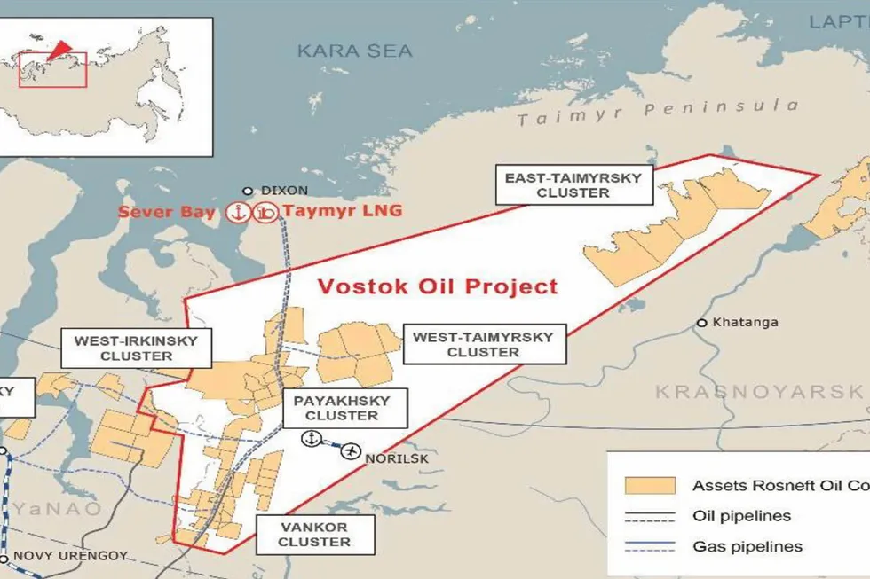 Eastern ambitions: a map showing East Siberia blocks under control of Rosneft that will be explored and developed under the Vostok Oil project, estimated to require $100 billion of investments
