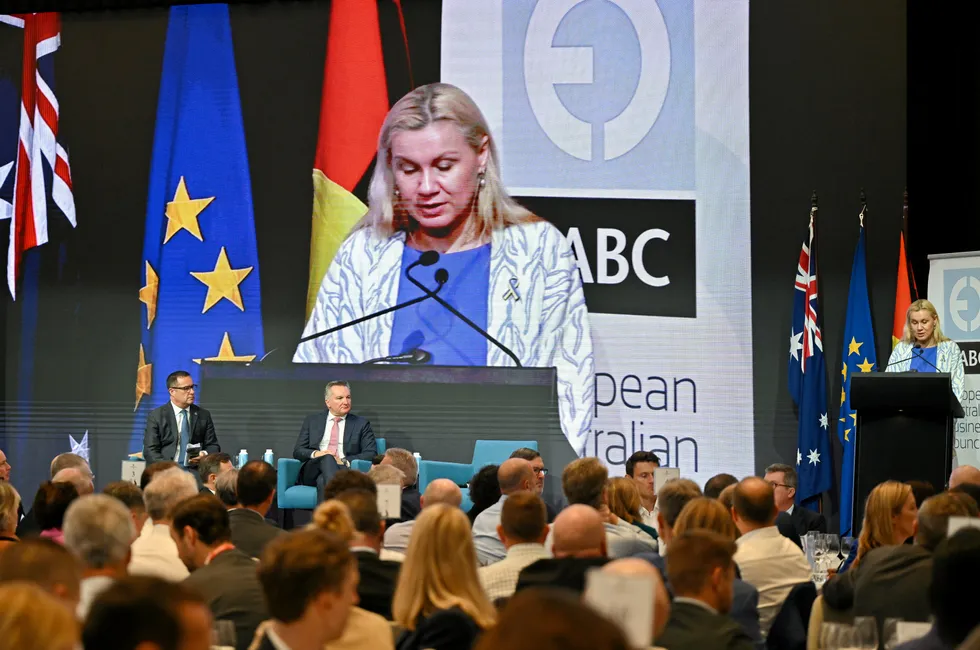 EU energy commissioner Kadri Simson giving her speech at the European Australian Business Council event in Sydney yesterday.