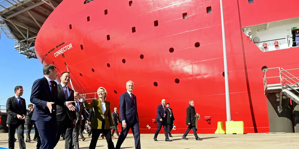Alexander De Croo, Prime Minister (Belgium), Ursula von der Leyen and President of the European Commission pictured next to an offshore wind support vessel during the North Sea Summit in Ostend, on April 24, 2023 in Ostend, Belgium.