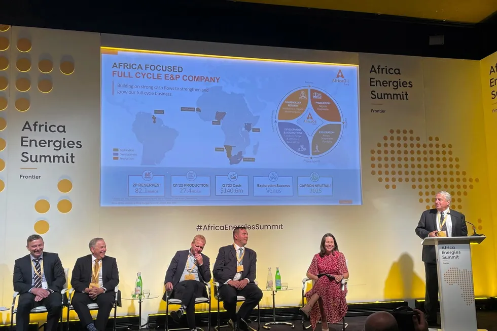 Orange basin move: Africa Oil chief executive Keith Hill, speaking in London last year at an industry panel, with Eco Atlantic chief executive Gil Holzman listening intently (fourth from right).
