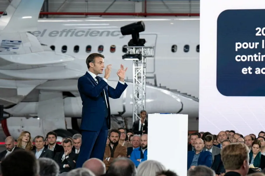 President Emmanuel Macron speaking at an Airbus plant in Toulouse on Wednesday.