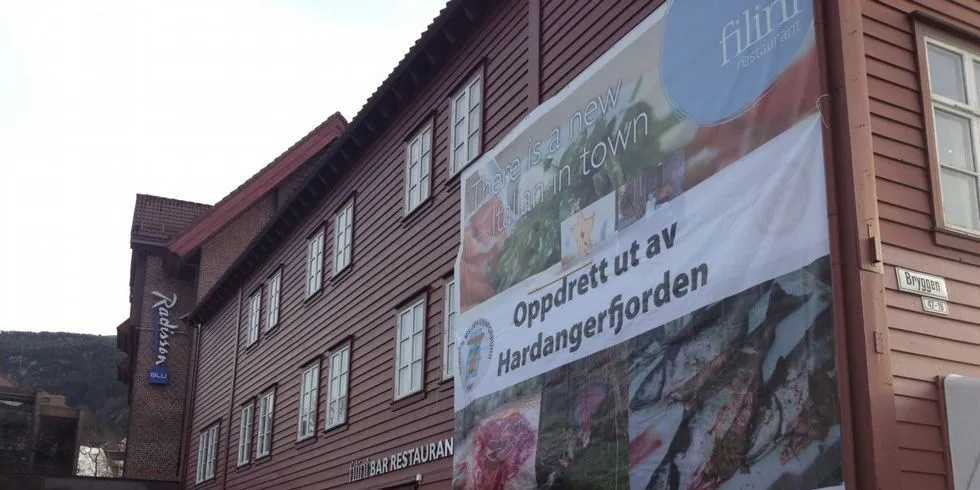 "Oppdrett ut av Hardangerfjorden": Demo-banner frå Miljøvernforbundet. Foto. Ole Erik Klokeide.