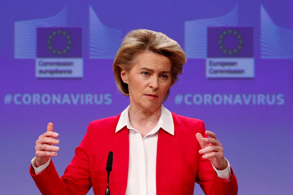 Europakommisjonens leder Ursula von der Leyen fremmet lørdag kveld et forslag om kraftige nye sanksjoner. (François Lenoir, Pool Photo via AP)