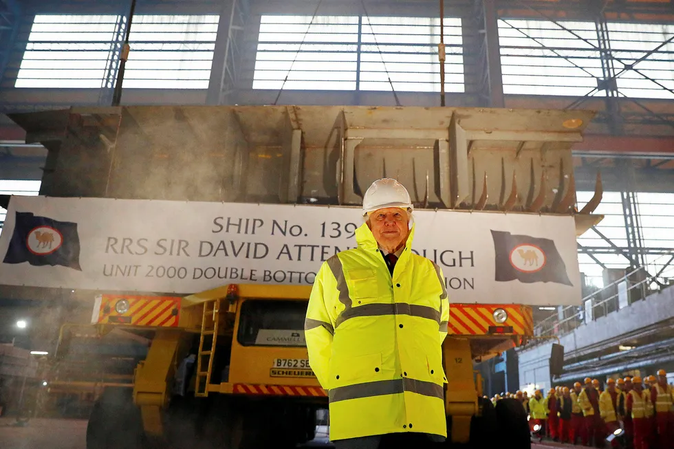 Launch: David Attenborough stands in front of a section of the keel of the polar research vessel that will carry his name at a ceremony at the Cammell Laird ship yard in Birkenhead, northern England