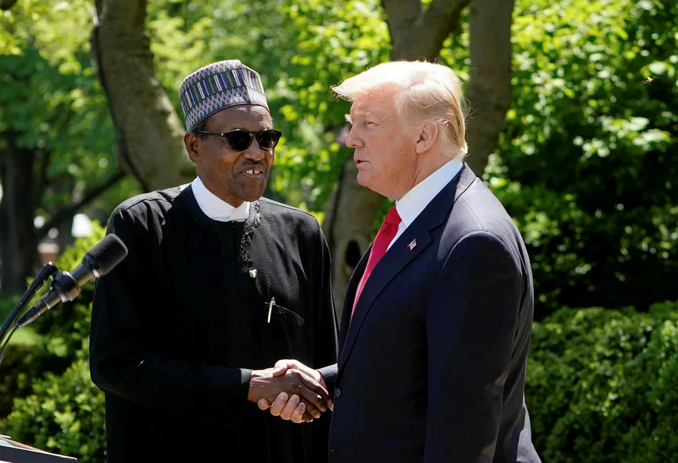 Talks: US President Donald Trump and Nigeria's President Muhammadu Buhari at a joint press conference in the Rose Garden of the White House in Washington
