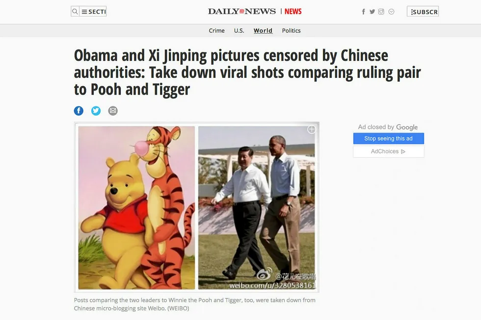 Kinesiske myndigheter har fått nok av bildesammenligninger som dette. Her sammenlignes Ole Brumm og Tigergutt med Xi Jinping og Barack Obama. Foto: skjermdump