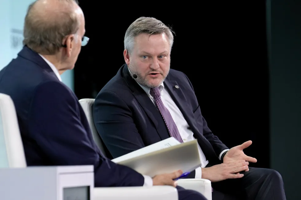 BP chief executive Murray Auchincloss speaks to S&P Vice Chair Daniel Yergin at the CERAWeek by S&P Global event in Houston on 19 March 2024.