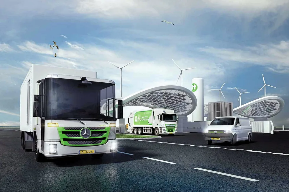 A rendering of hydrogen vehicles and filling stations.