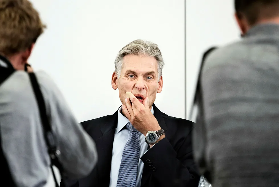 Thomas F. Borgen fotografert under pressekonferansen der han trakk seg som konsernsjef for Danske Bank, halvannen time før selskapets egen rapport om hvitvaskingen ble lagt frem onsdag.