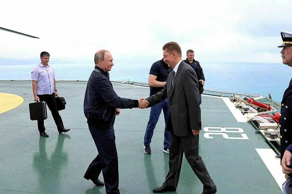 Russian President Vladimir Putin and Gazprom boss Alexei Miller on board the Pioneering Spirit vessel on an earlier occasion