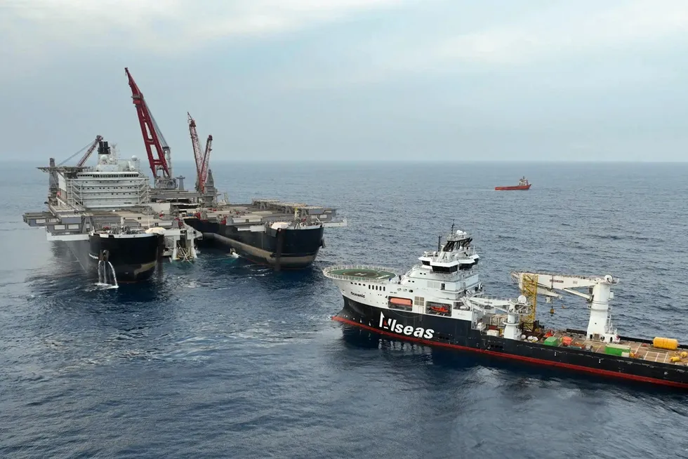 At work: Allseas' Pioneering Spirit pipelayer (left) and its Oceanic support vessel on location at BP’s Greater Tortue Ahmeyim project offshore Mauritania and Senegal.