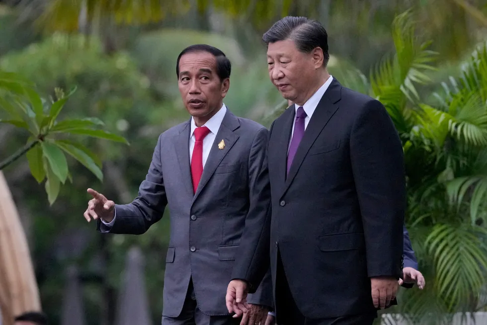 Indonesias president Joko Widodo (til venstre) har vært vertskap for statsledere for verdens største økonomier denne uken. Her sammen med Kinas president Xi Jinping under G20-møtet på Bali på onsdag.