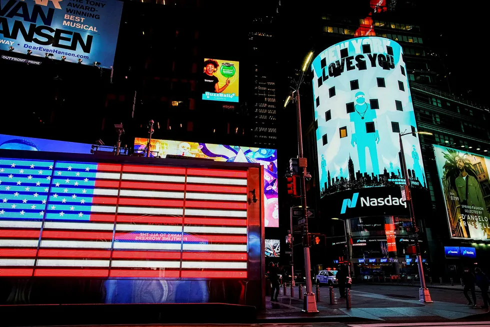 Teknologibørsen Nasdaq avsluttet uken sterkest. Her Nasdaq-bygningen på Times Square på Manhattan i New York.