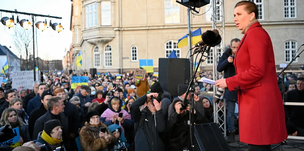 Danish Prime Minister Mette Frederiksen speaking to protesters against the war in Ukraine at a rally outside the Russian embassy in Copenhagen on 27 February.