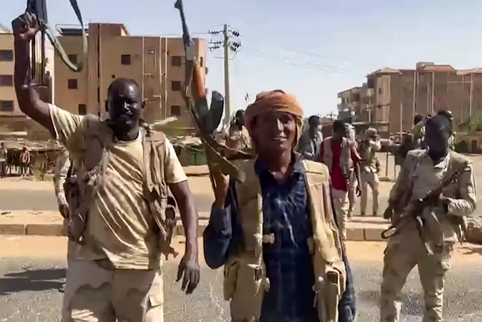 Fighters from Sudan's paramilitary Rapid Support Forces (RSF) in Khartoum in April 2023.