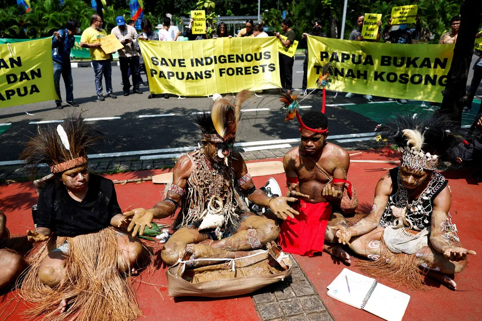 Europeisk og norsk treindustri protesterer mot EUs avskogingsforordning. Uforfolkorganisasjonene ser annerledes på saken, her i protest utenfor Indonesias høyesterett.