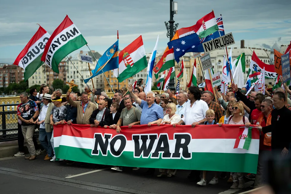 Ungarske tilhengere av Viktor Orban marsjerer i Budapest.