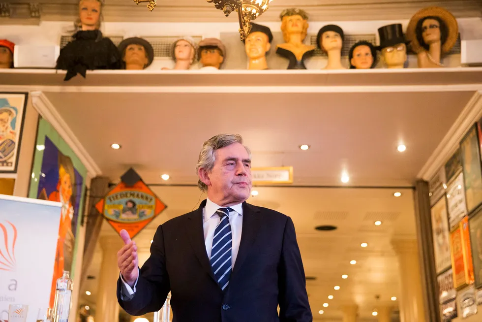Tidligere statsminister i Storbritannia Gordon Brown, som nå er FNs spesialutsending for utdannelse og leder av den internasjonale utdannelseskommisjonen, innledet på Civita-frokost i Oslo fredag morgen. Foto: Håkon Mosvold Larsen/NTB Scanpix