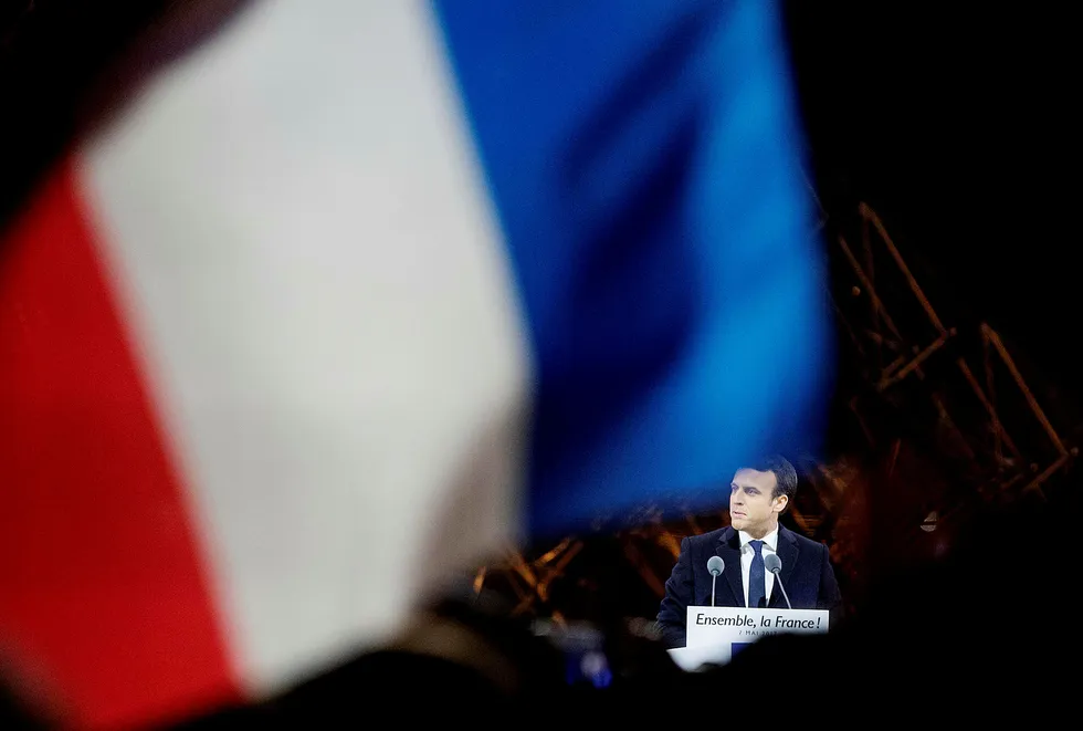 Emmanuel Macron, da han feiret seieren i det franske presidentvalget ved Louvre i Paris. Foto: Linda Næsfeldt