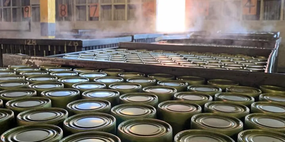 Canned salmon stored in OBI Seafoods' Larsen Bay facility in Alaska.