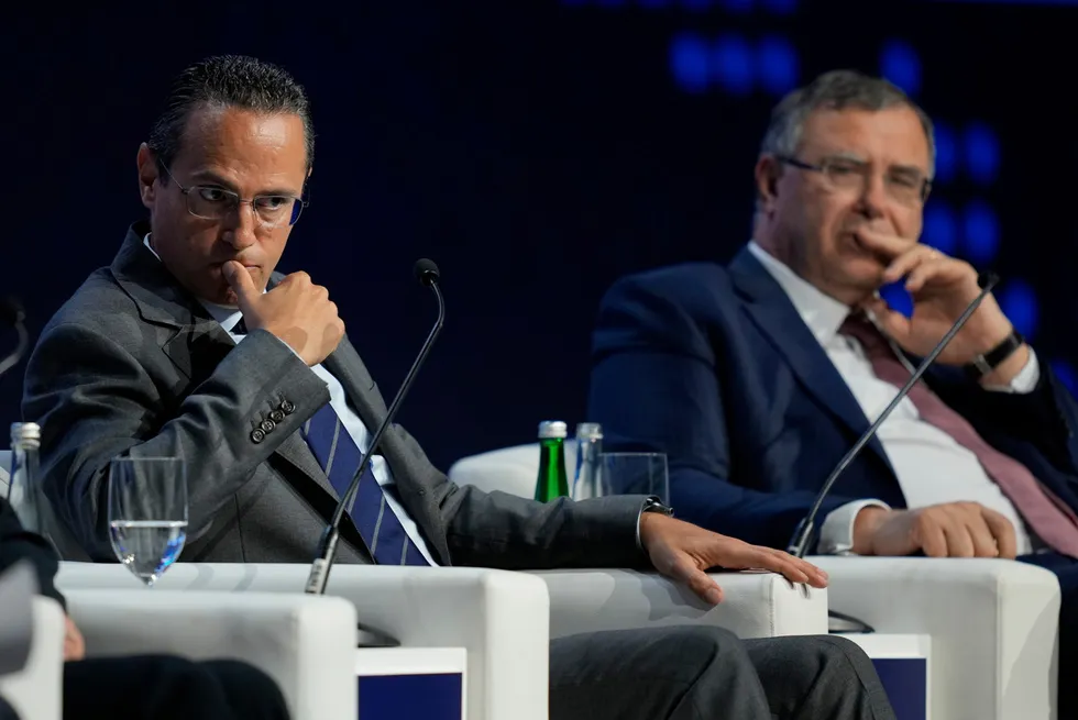 Shell chief executive Wael Sawan (left) sits next to Patrick Pouyanne, his counterpart of TotalEnergies, at a conference in Abu Dhabi in October 2023. The two supermajors have made big oil and gas discoveries offshore Namibia in neighbouring acreage.