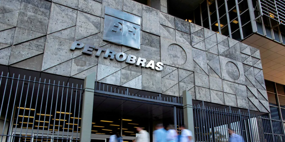 View from the main entrance of the headquarters of Brazil's state-controlled oil company Petrobras in Rio de Janeiro.