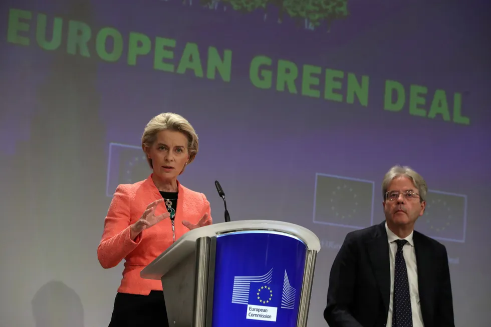 Unveiled: European Commission President Ursula von der Leyen presents the EU's new climate policy proposals as EU Commissioner Paolo Gentiloni sits next to her in Brussels on 14 July