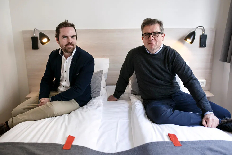 Citybox-gründer Martin Smith-Iversen (til høyre), her sammen med daglig leder Eivind Hjulstad, henter nye millioner for å finansiere målet om å bli en av de ledende hotellkjedene i budsjettsegmentet i Europa.