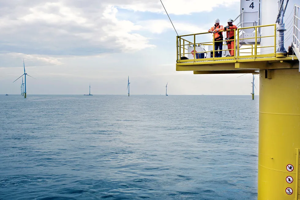 Workers at an offshore wind farm in the Dutch North Sea.