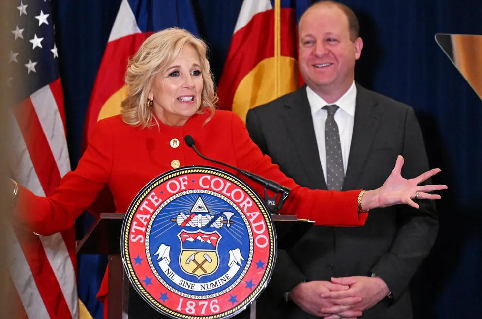 First Lady Jill Biden with Colorado Governor Jared Polis at the Colorado State Capitol in April.