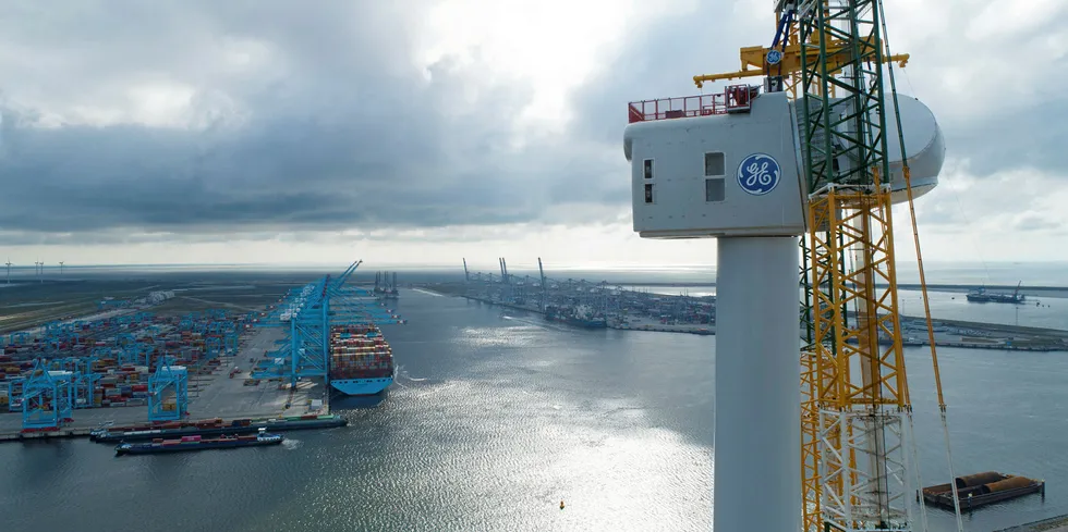 GE's Haliade-X being erected at the port of Rotterdam