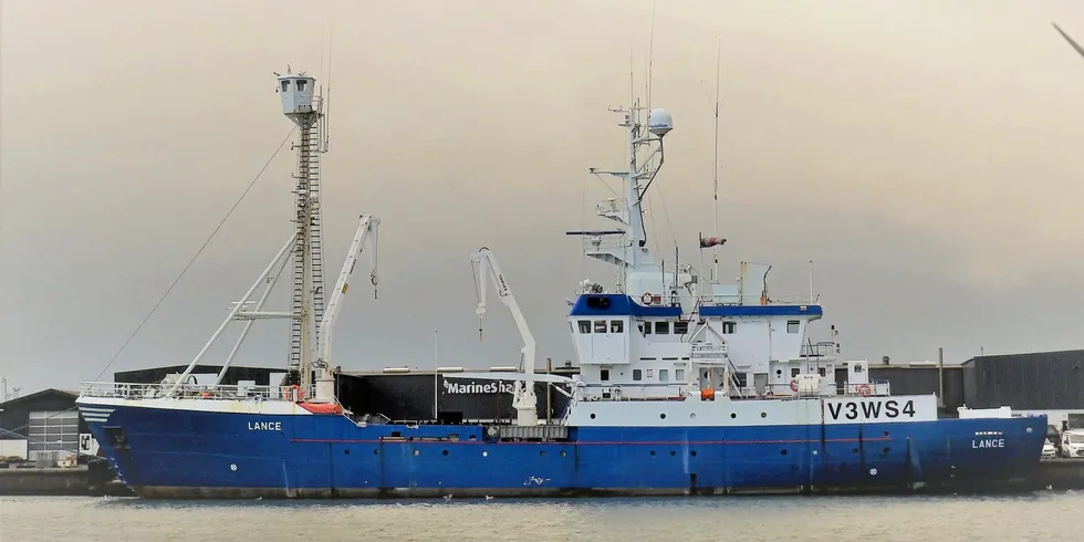 «Lance» fotografert ved kai i Hirtshals før avreise videre sørover.