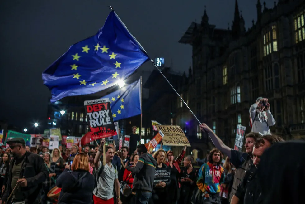 Utenfor Parlamentet var det tirsdag kveld demonstrasjon mot regjeringen og mot brexit. Onsdag skal representantene debattere et forslag om enda en utsettelse av EU-utmeldingen.