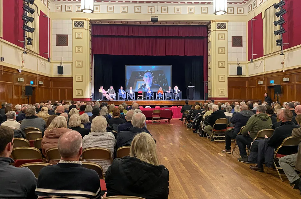 The public meeting in Ellesmere Port, northwest England, on Tuesday night.