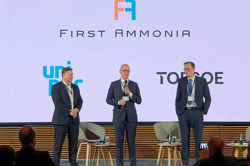 (left to right) Lance Titus, senior managing director, Uniper Trading, Joel Moser, CEO of First Ammonia, Kim Hedegaard, CEO of Power-to-X, Topsoe.