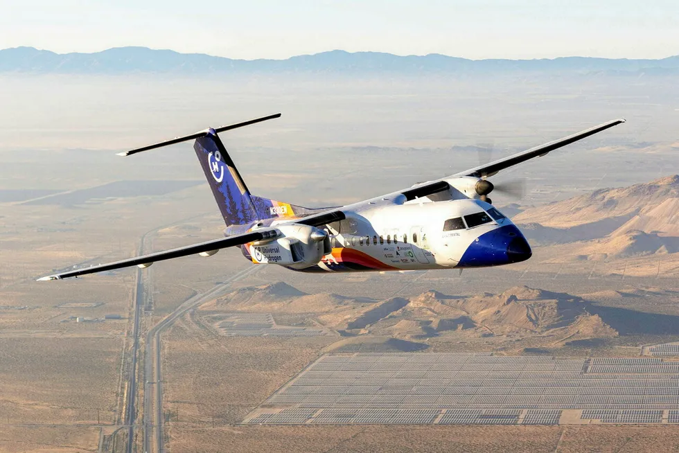 Universal Hydrogen's 40-seat plane that took to the skies for the first time in March last year at Moses Lake, Washington state.