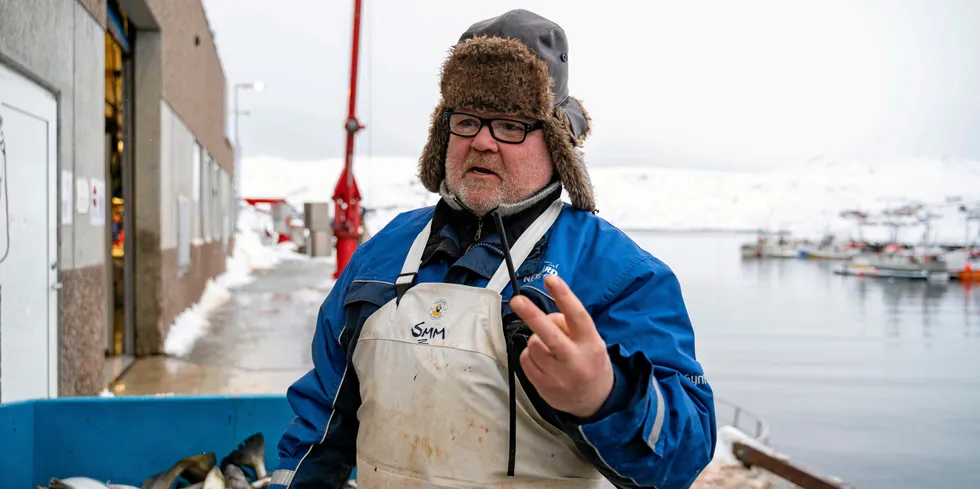 Svein Mienna, i jobb på kaien ved Nergårds fiskebruk i Breivikbotn på Sørøya.