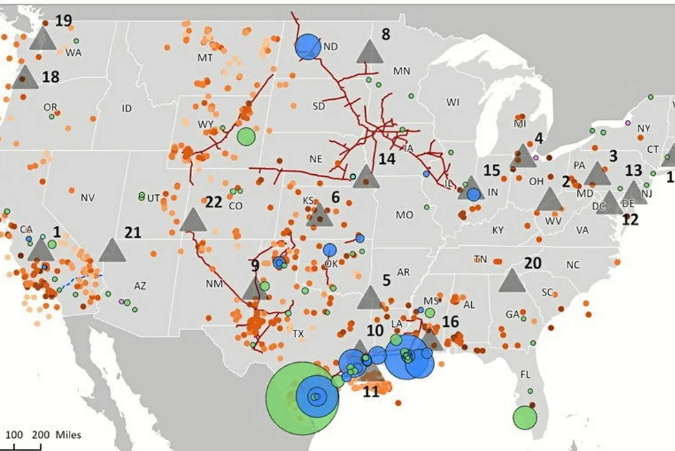 Map of US hydrogen hub applications and infrastructure.
