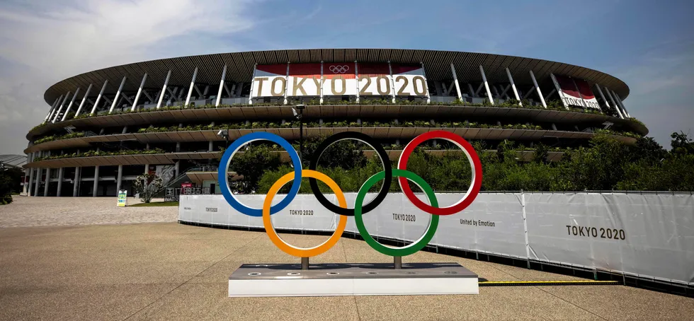 Olympic rings outside Tokyo's Olympic Stadium.