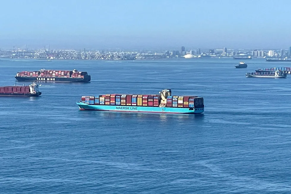 Bottlenecks: Container ships wait off the coast of the congested Ports of Los Angeles and Long Beach in California, US in October