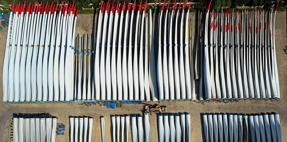 Wind turbine blades stacked at a fabrication plant in Lianyungang, China