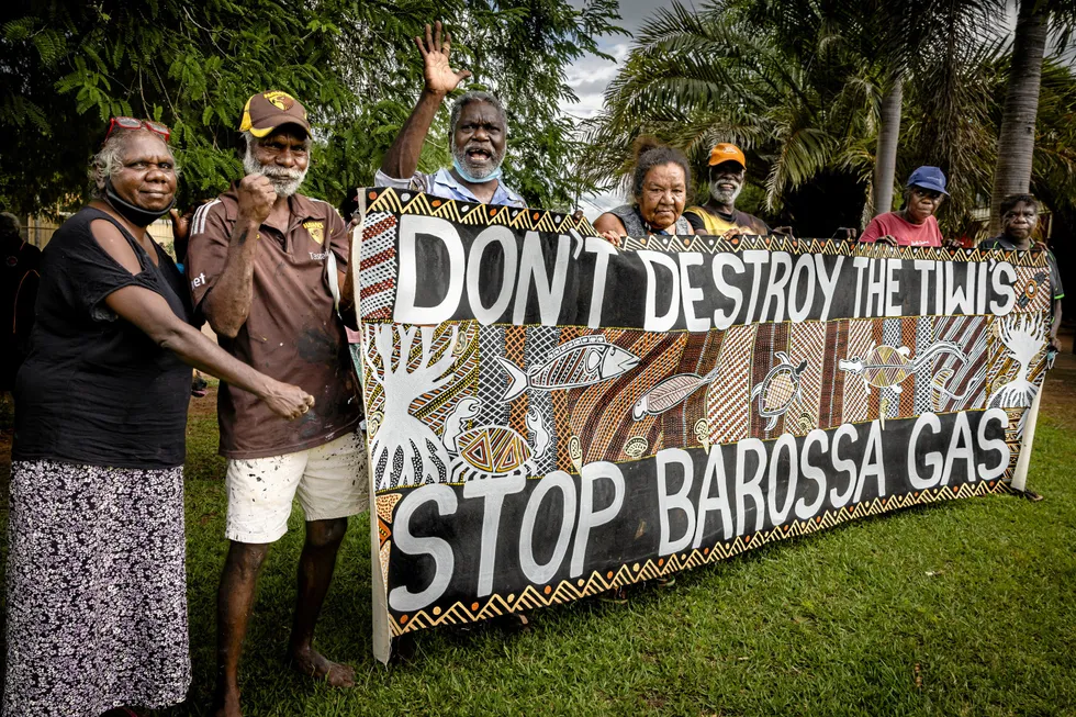 Demonstration: Tiwi Islanders protesting against Santos' Barossa gas project offshore Australia